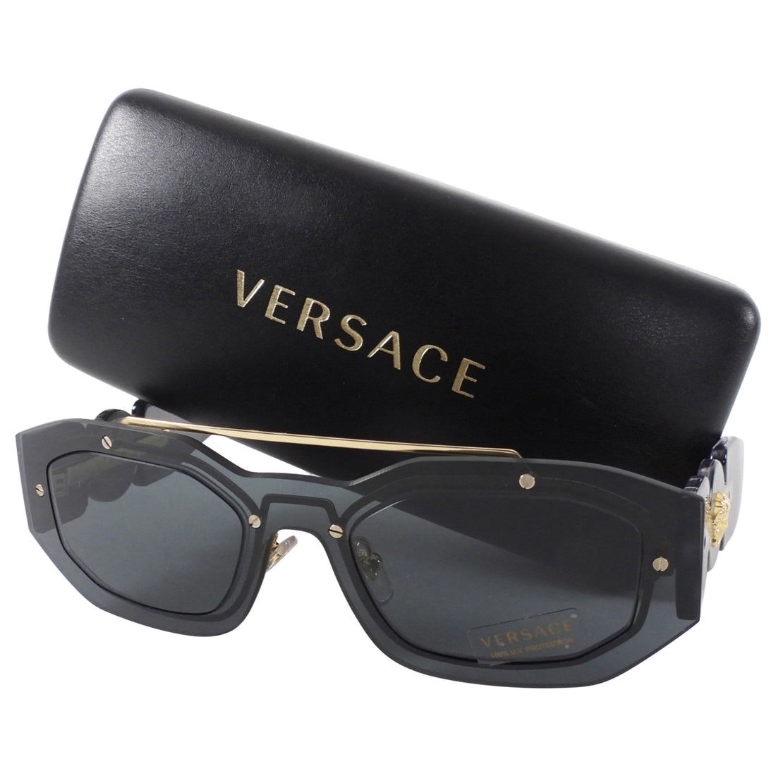 Versace MOD 2235 Medusa Icon Black Translucent Acetate and Goldtone Rectangle Sunglasses