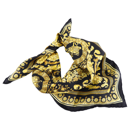 Versace Black and Gold Barocco Print Silk Scarf