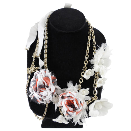 Louis Vuitton Vintage Fall 2005 Red and White Chain Crystal Flower Ribbon Necklace