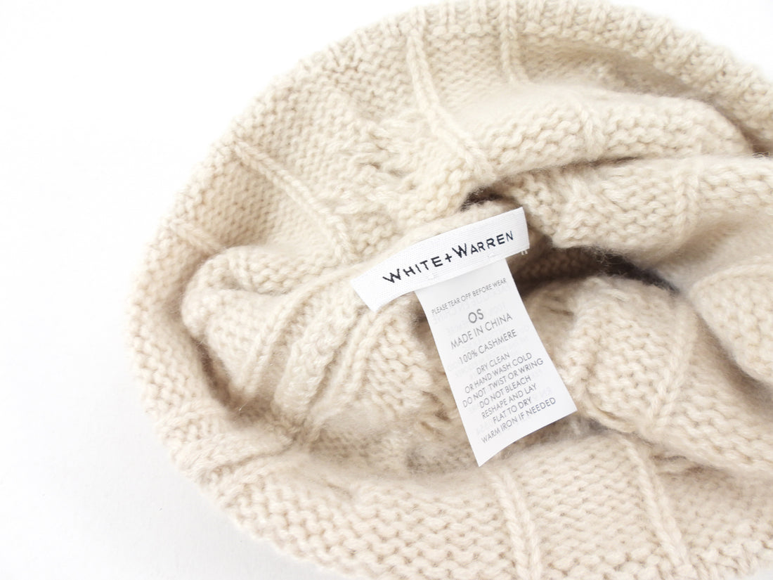 White + Warren Ivory Cable Cashmere Knit Beanie Hat - OS