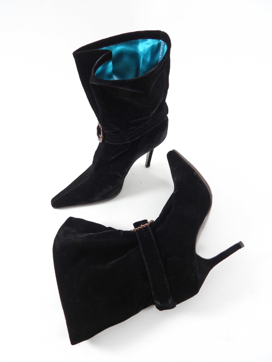 Yves Saint Laurent Haute Couture 1990's Black Velvet Turquoise Boots - 41