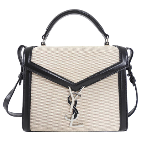 Saint Laurent Mini Cassandra Canvas and Black Leather Top Handle Bag