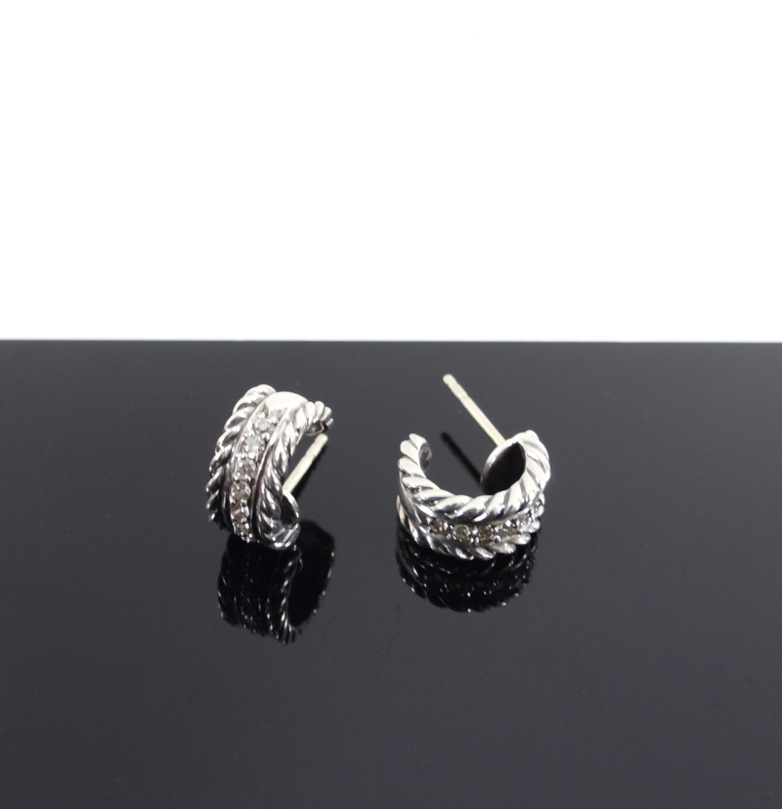 David Yurman Sterling Silver Diamond Cable Huggie Earrings