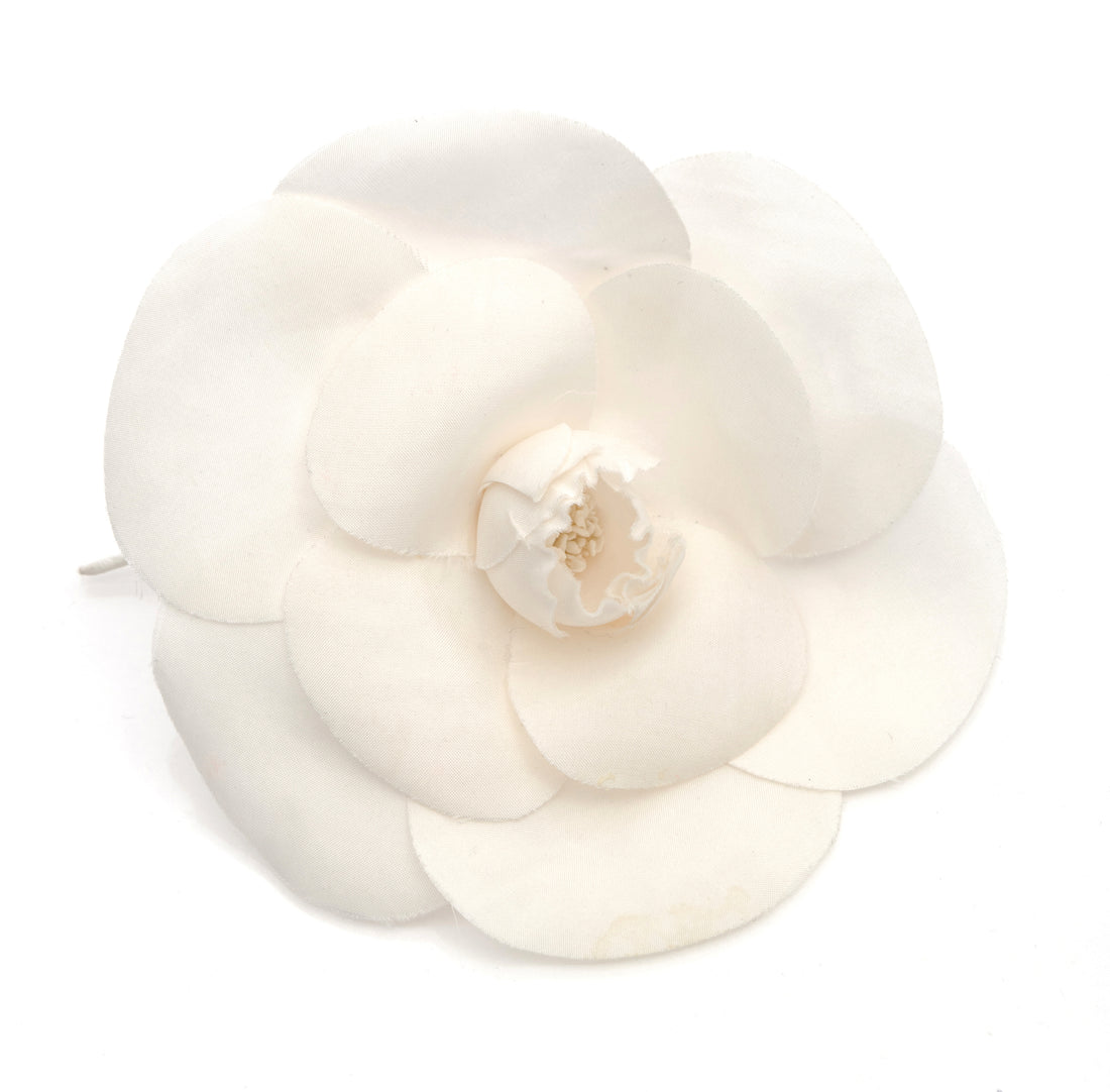 CHANEL White Leather Camellia Flower Gold Beige Leaves Floral Brooch Pin at  1stDibs