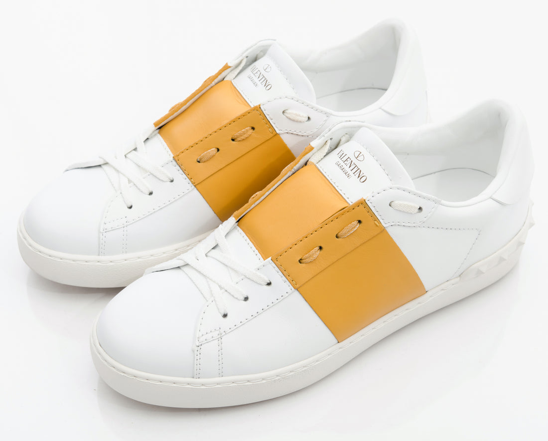 Valentino Bicolor Rockstud Sneaker in Bianco White and Acid Yellow