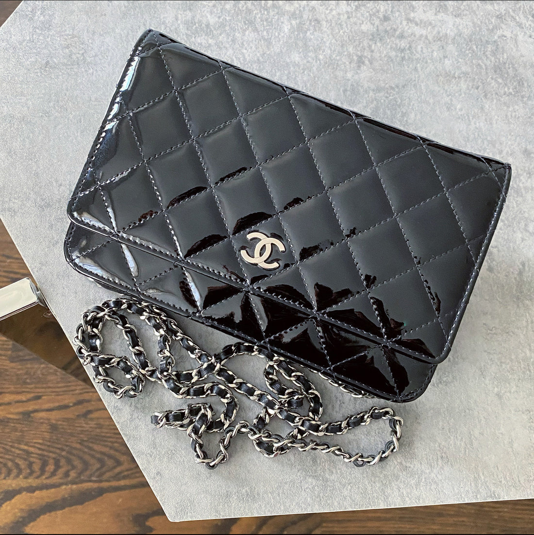 Chanel Black Patent Leather Classic Quilted Wallet on Chain WOC