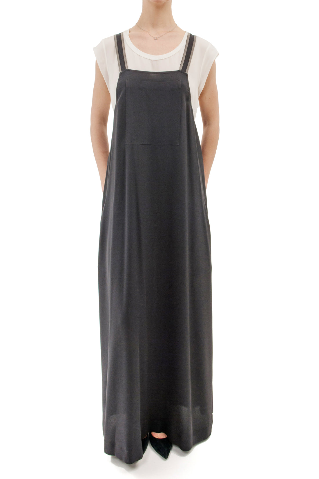 overalls maxi dress Brunello Cucinelli Grey Long Silk Overalls Maxi Dress – I MISS YOU VINTAGE