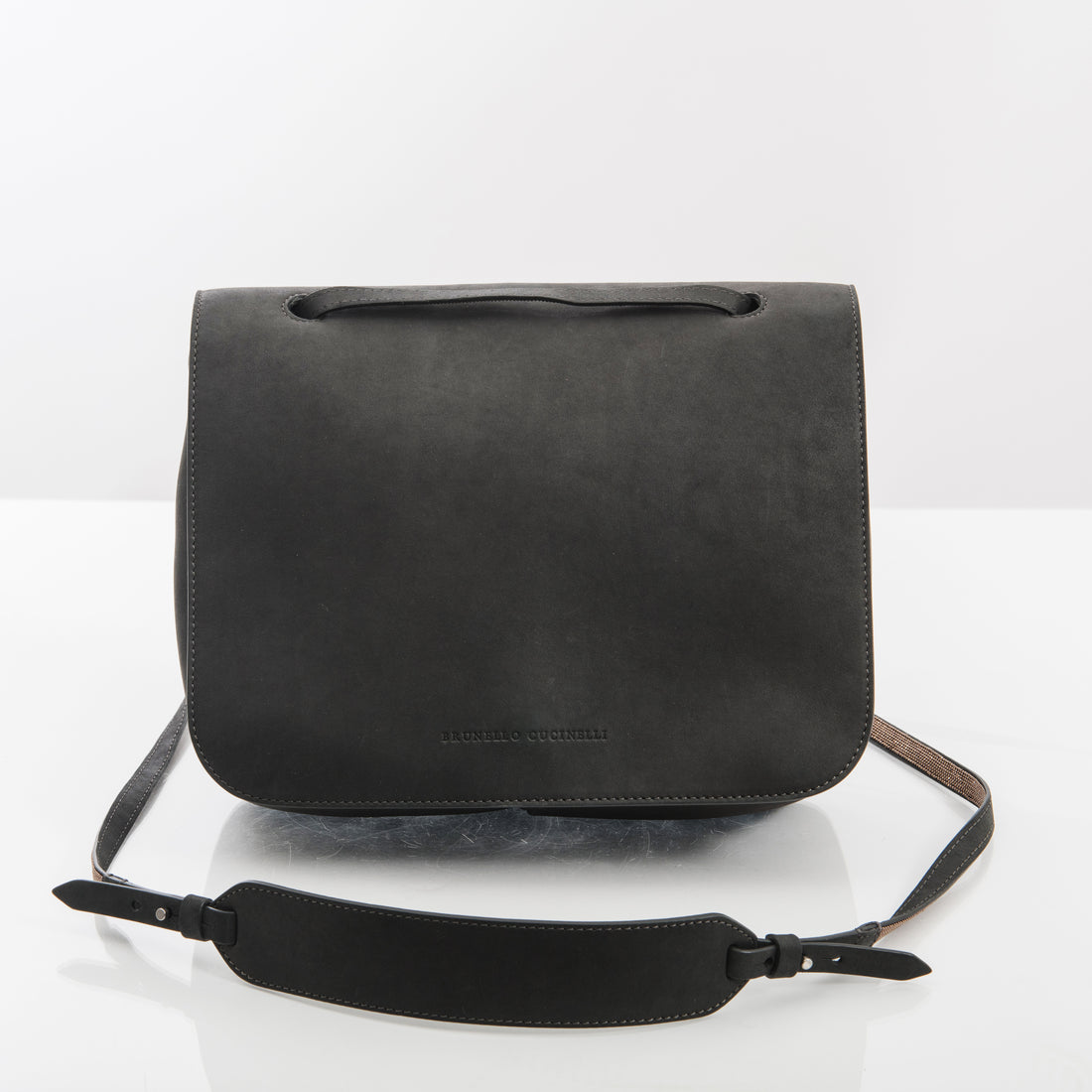 Brunello Cucinelli Nubuck Grey Messenger Bag with Copper Beaded Strap
