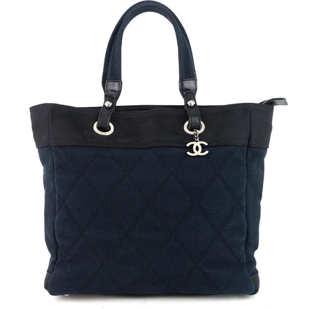 Chanel Paris Biarritz MM Black and Navy Nylon Tote Bag