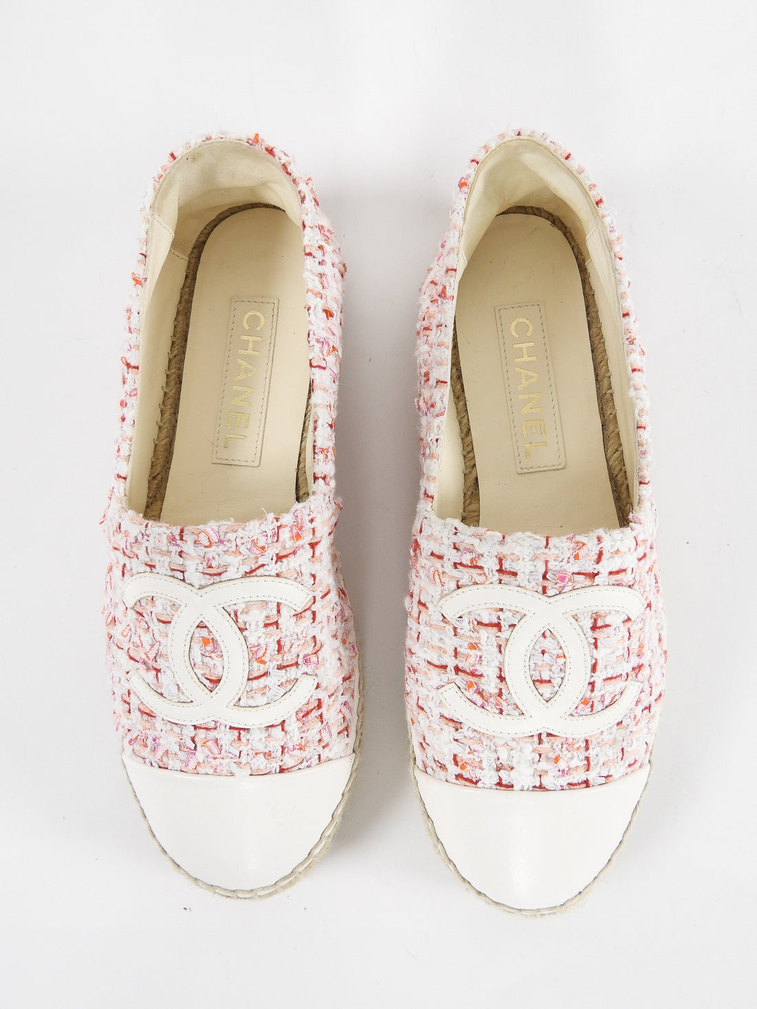 Chanel 21S CC Espadrille Flats in Pink, Red, White Tweed – 39
