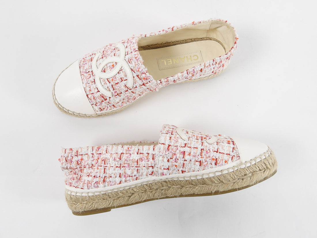 Chanel 21S CC Espadrille Flats in Pink, Red, White Tweed – 39