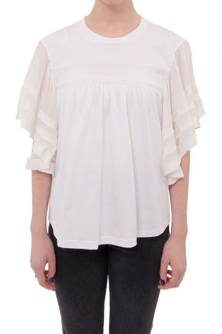 Chloe Spring 2017 White Tee with Ivory Silk Chiffon Ruffle Sleeves