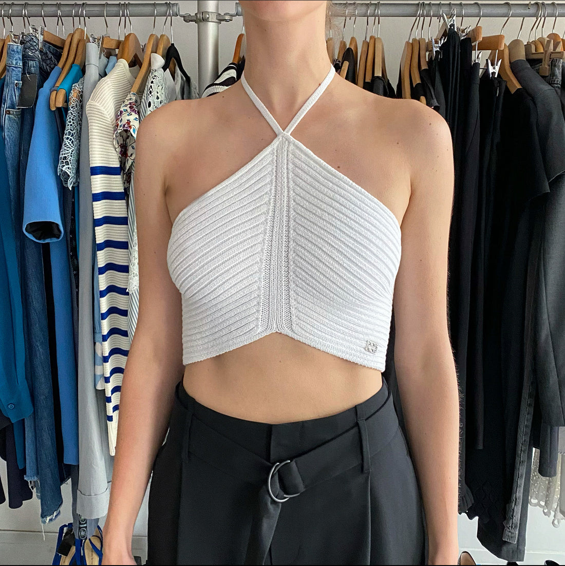 Chanel 02P White Rib Knit Crop Halter Top - M – I MISS YOU VINTAGE
