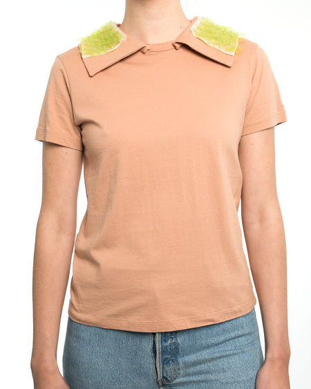 Prada Peach T-Shirt with Lime Green Paillette Snap Collar - M