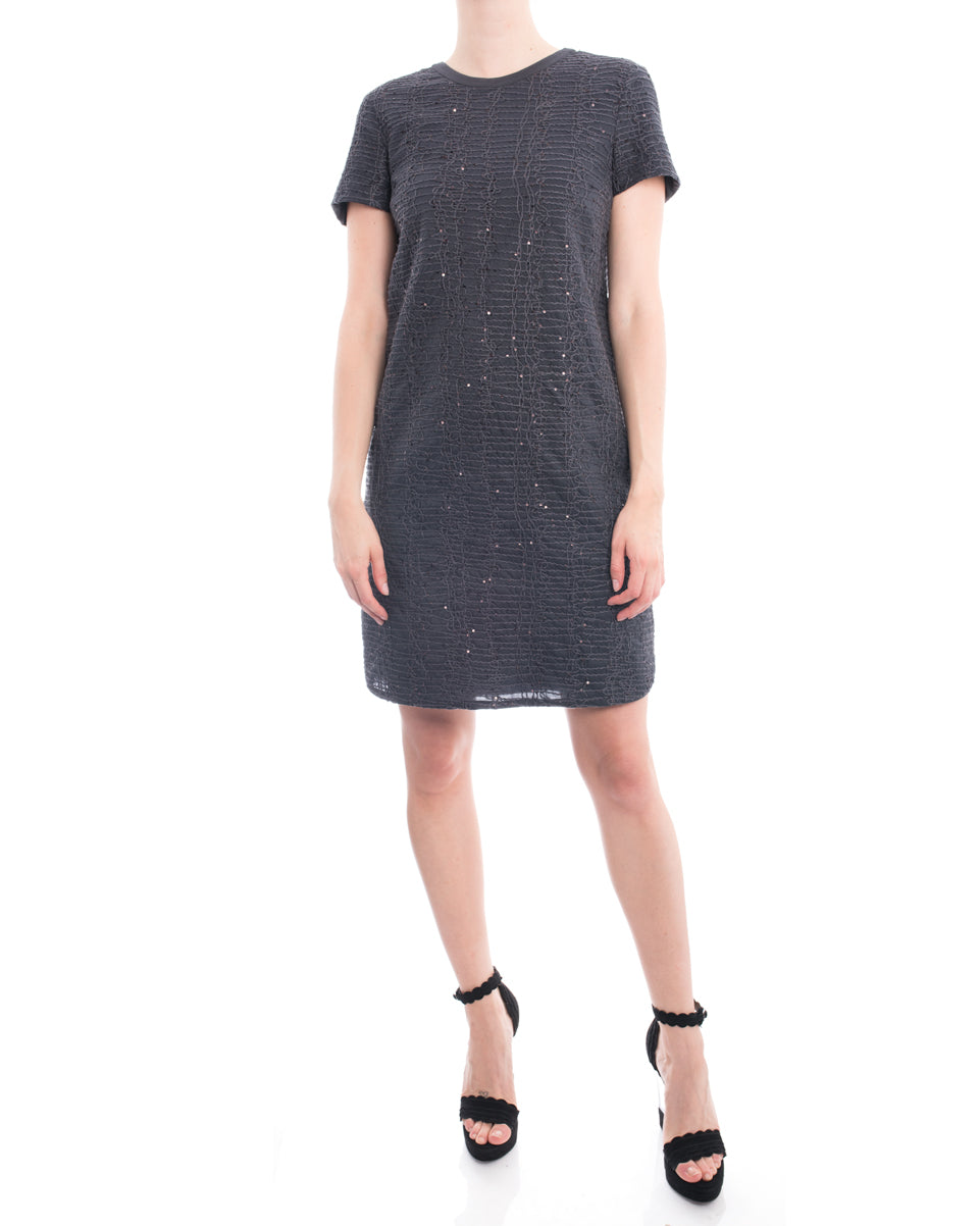 Brunello Cucinelli Grey Shift Dress with Soutache and Sequins - 6