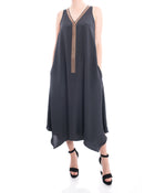 Brunello Cucinelli Grey Silk Sleeveless Long Dress with Copper Bead Fringe - M