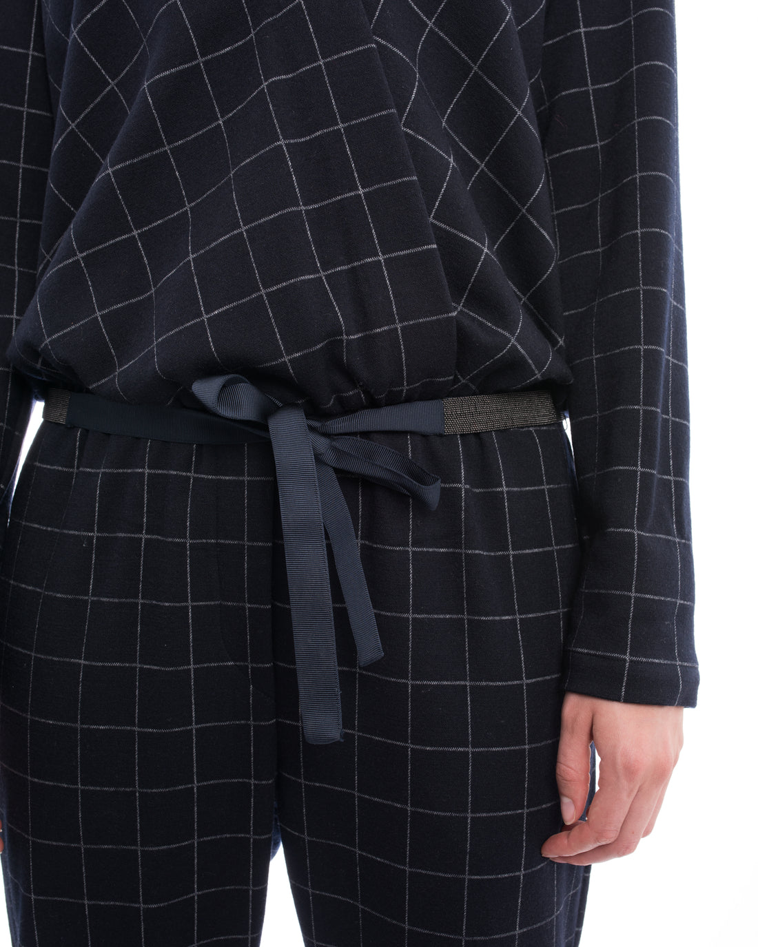 Brunello Cucinelli Navy Wool Check Jumpsuit with Grey Cuffs - M