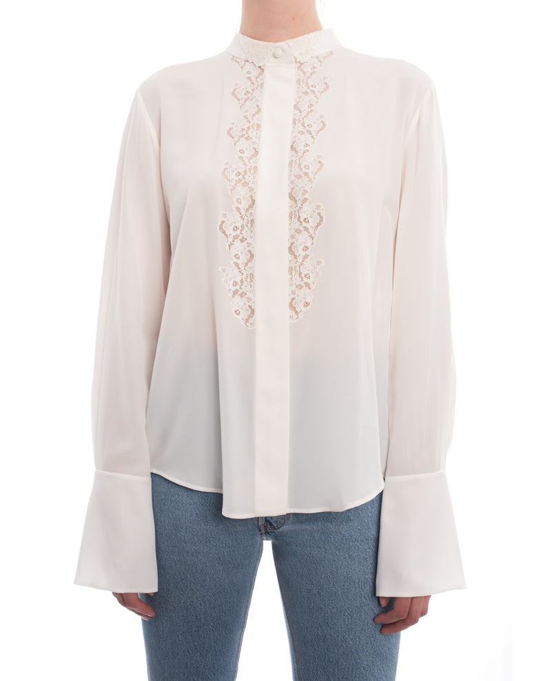 Chloe Milk White Silk Blouse with Lace Inset - M