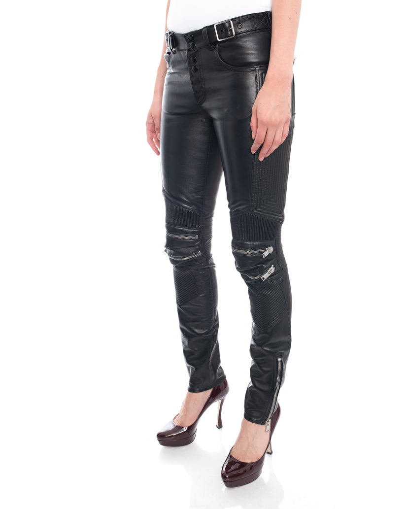Saint Laurent Unisex Black Leather Zipper Motorcycle Jeans Pants