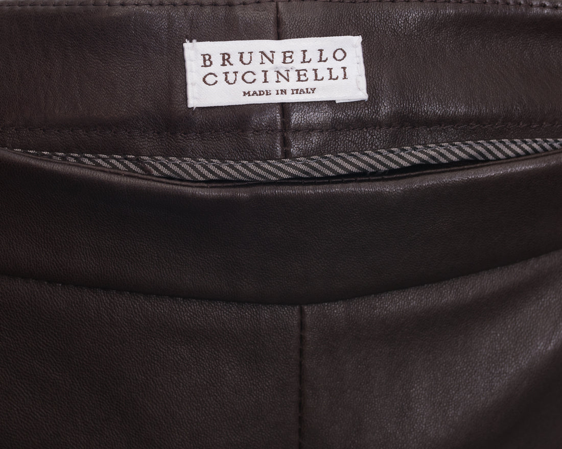 Brunello Cucinelli Brown Stretch Lambskin Leather Leggings - 6