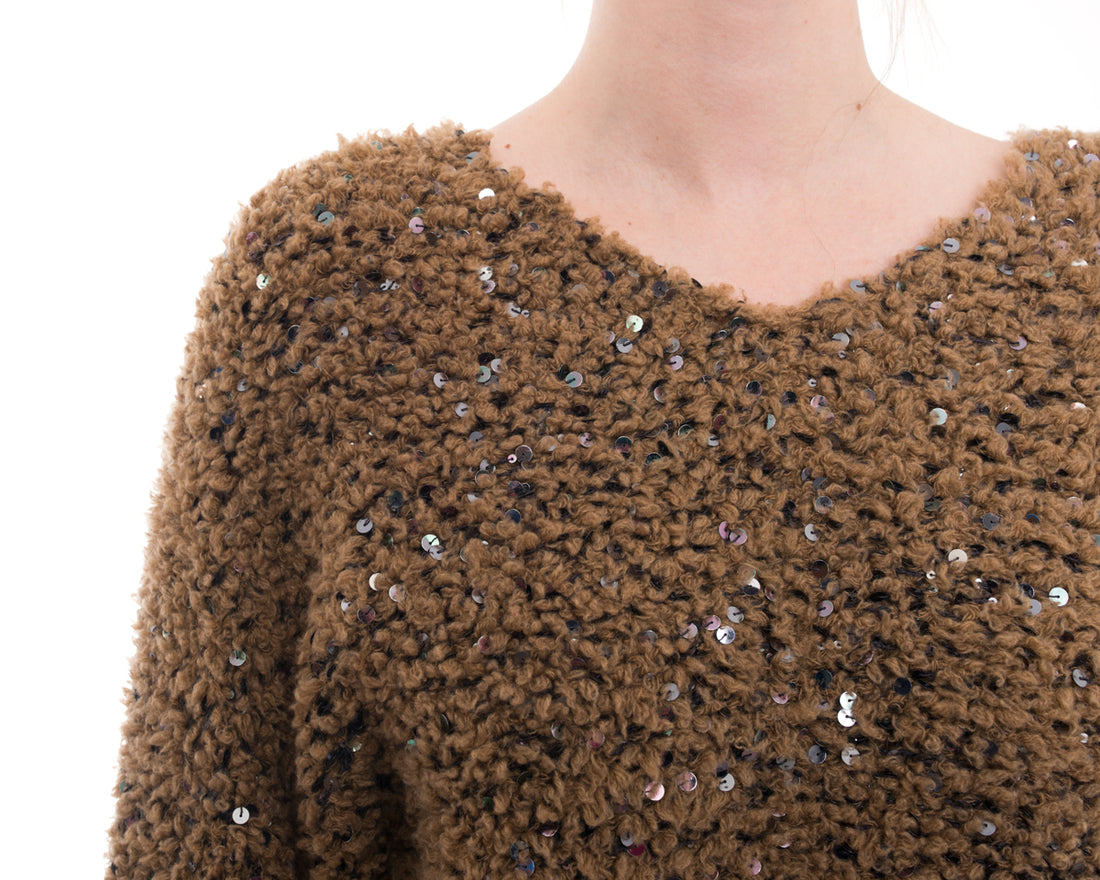 Brunello Cucinelli Caramel Brown Sequin Textured Crop Sweater - M