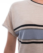 Brunello Cucinelli Oatmeal Short Sleeve Blue Stripe Sweater - S