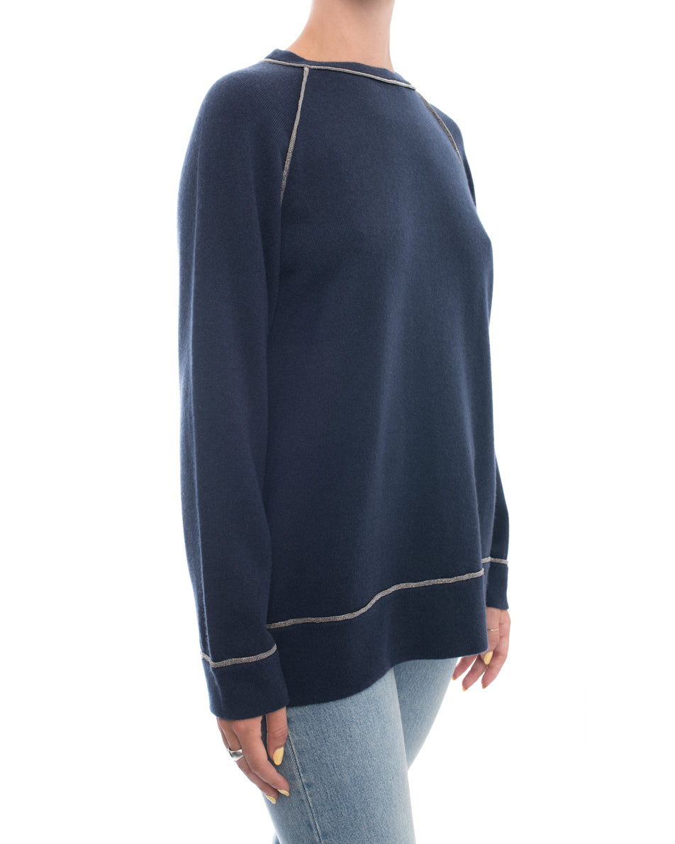 Brunello Cucinelli Navy Blue Cashmere Bead Trim Sweater - M