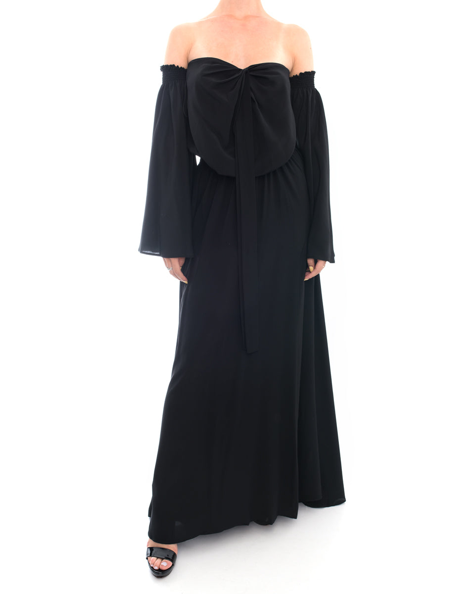 Derek Lam Long Black Silk Off Shoulder Halter Gown - 2