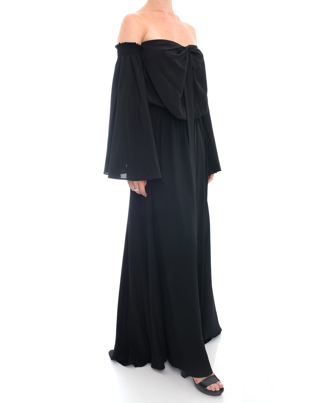 Derek Lam Long Black Silk Off Shoulder Halter Gown - 2