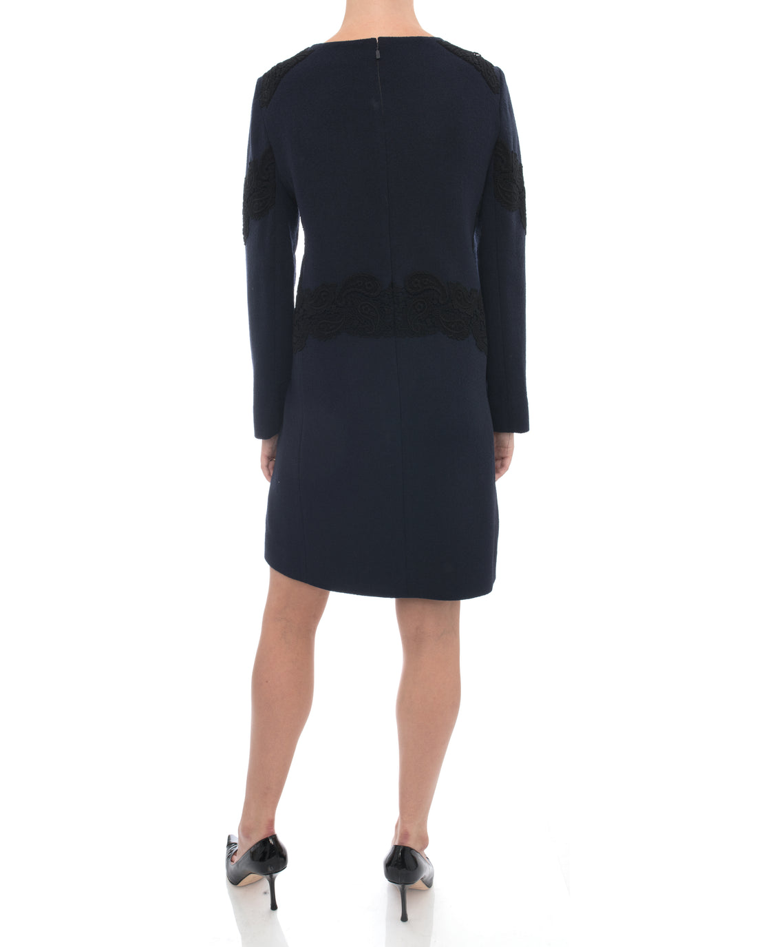 Chloe Navy Wool Long Sleeve Dress with Black Lace - 6