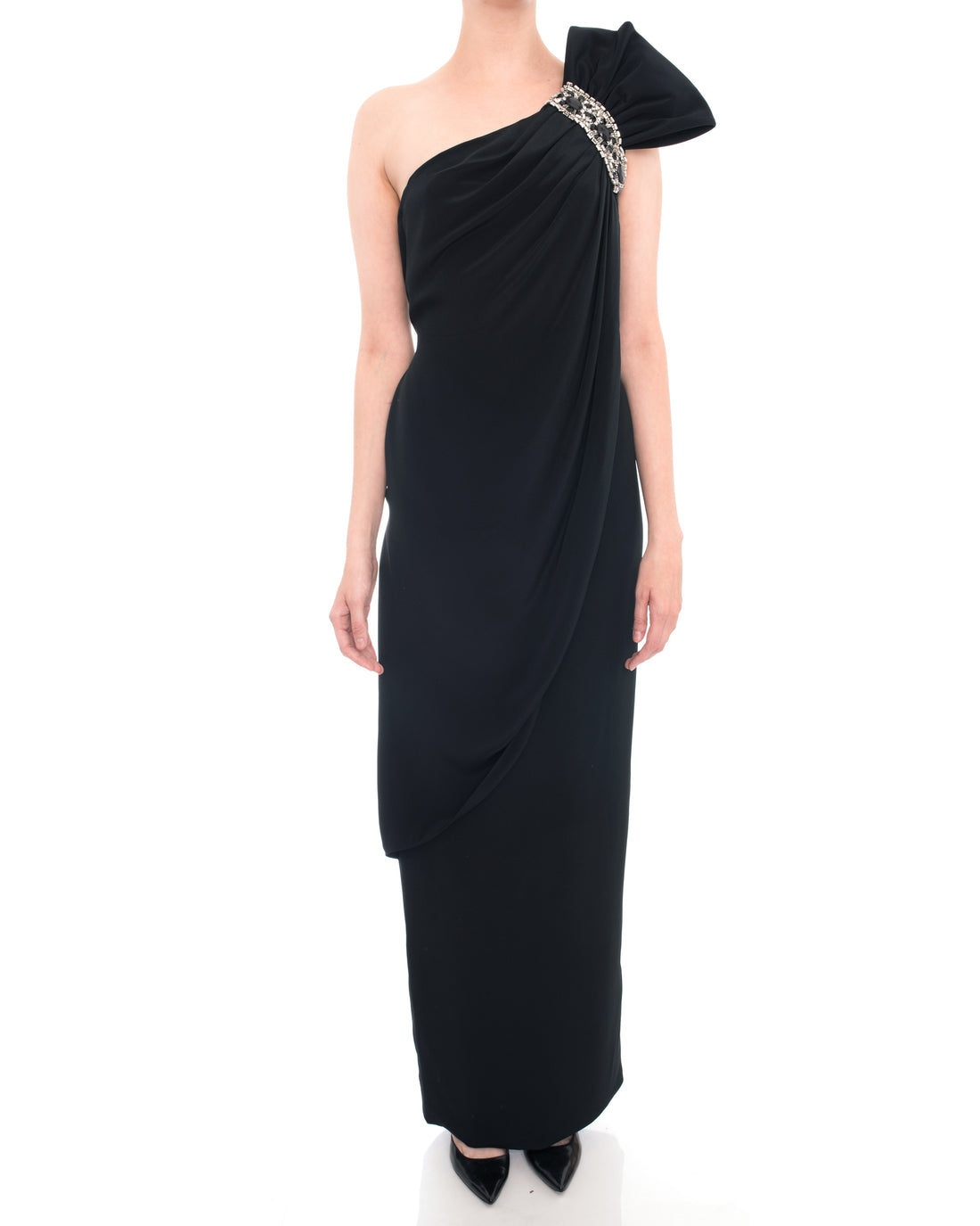 Marchesa Notte Black One Shoulder Jewelled Gown - 10