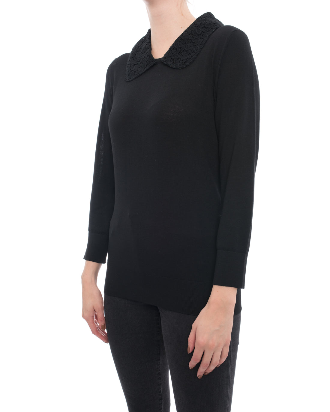 Dolce Gabbana Black Knit Long Sleeve Sweater with Lace Collar - 8