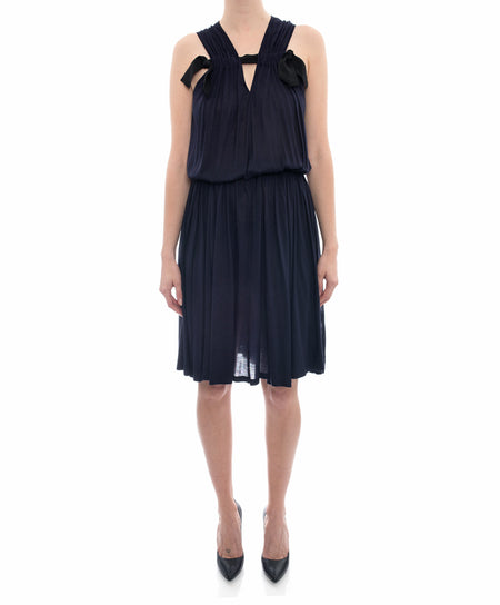 Lanvin Navy Jersey Dress with Black Grosgrain Ribbon Detail - L