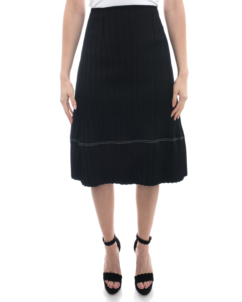 Celine Black Flat Pleat A-Line skirt with White Topstitching - M