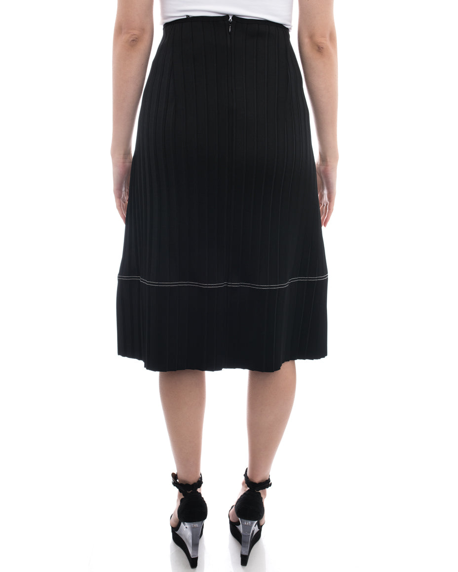 Celine Black Flat Pleat A-Line skirt with White Topstitching - M