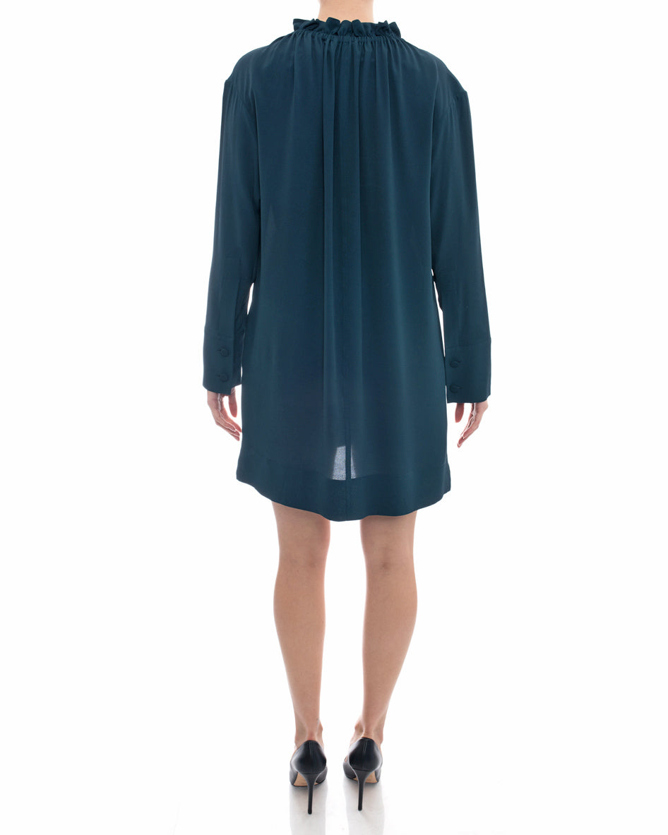 Marni Teal Silk Shift Dress with Ruffle Collar - 8