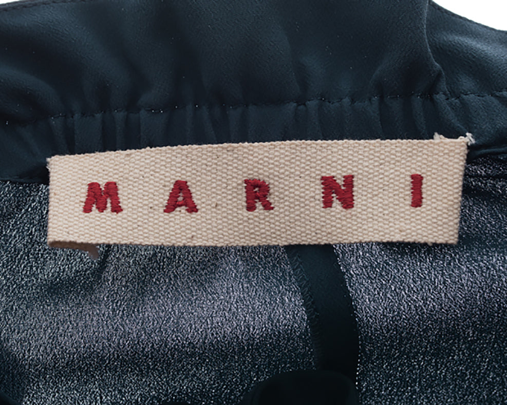 Marni Teal Silk Shift Dress with Ruffle Collar - 8
