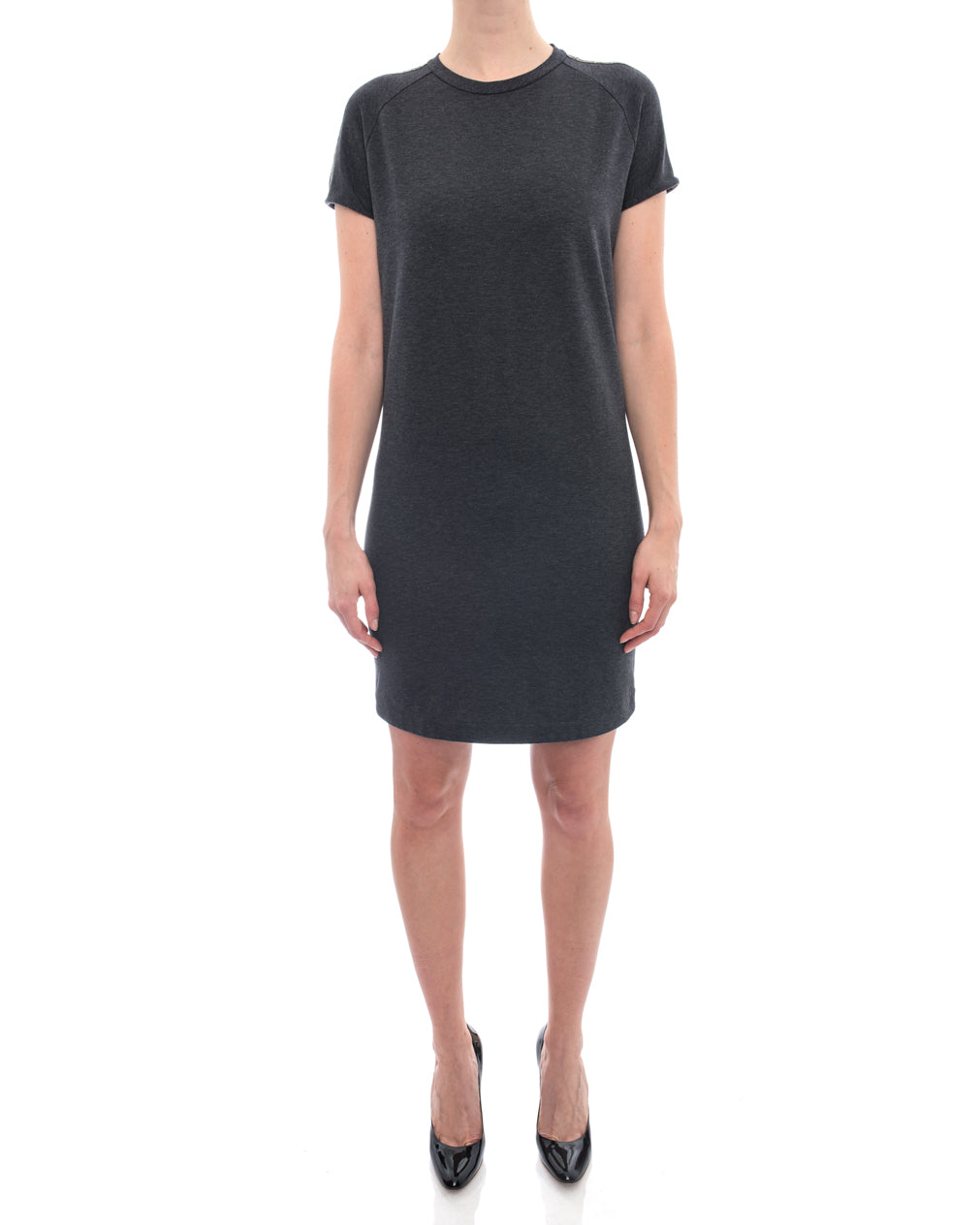 Brunello Cucinelli Charcoal Knit Jersey Dress with Chain Trim – 4