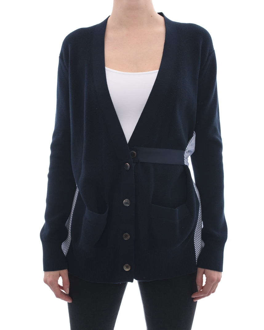 Sacai Navy Cardigan with Striped Cotton Inset – 4