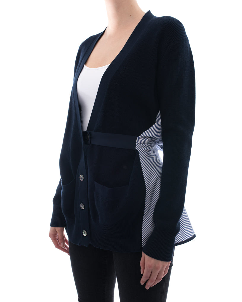 Sacai Navy Cardigan with Striped Cotton Inset – 4