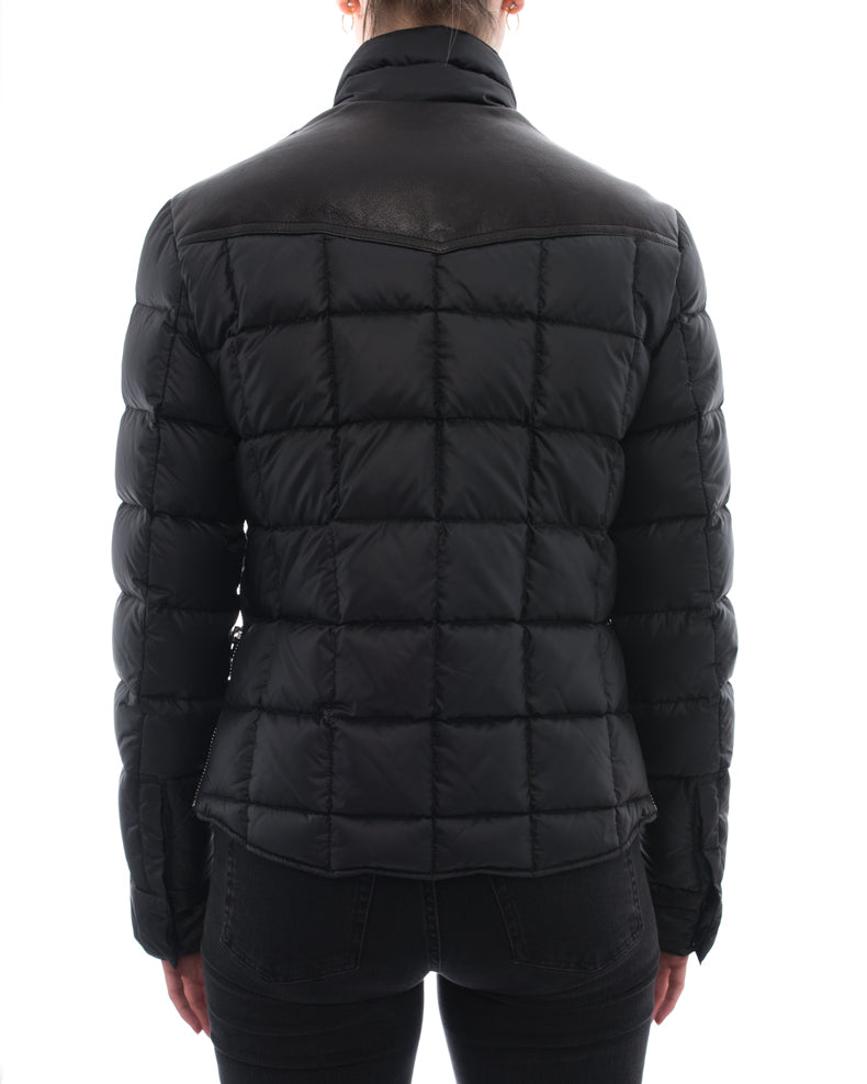 Balmain Black Puffer Zip Coat with Leather Trim – 4