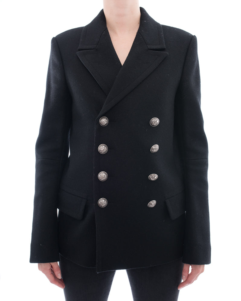 Balmain Black Wool Pea Coat with Silver Buttons – S