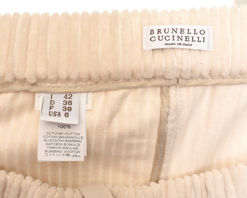 Brunello Cucinelli Ivory Corduroy Elastic Waist Pants - 6