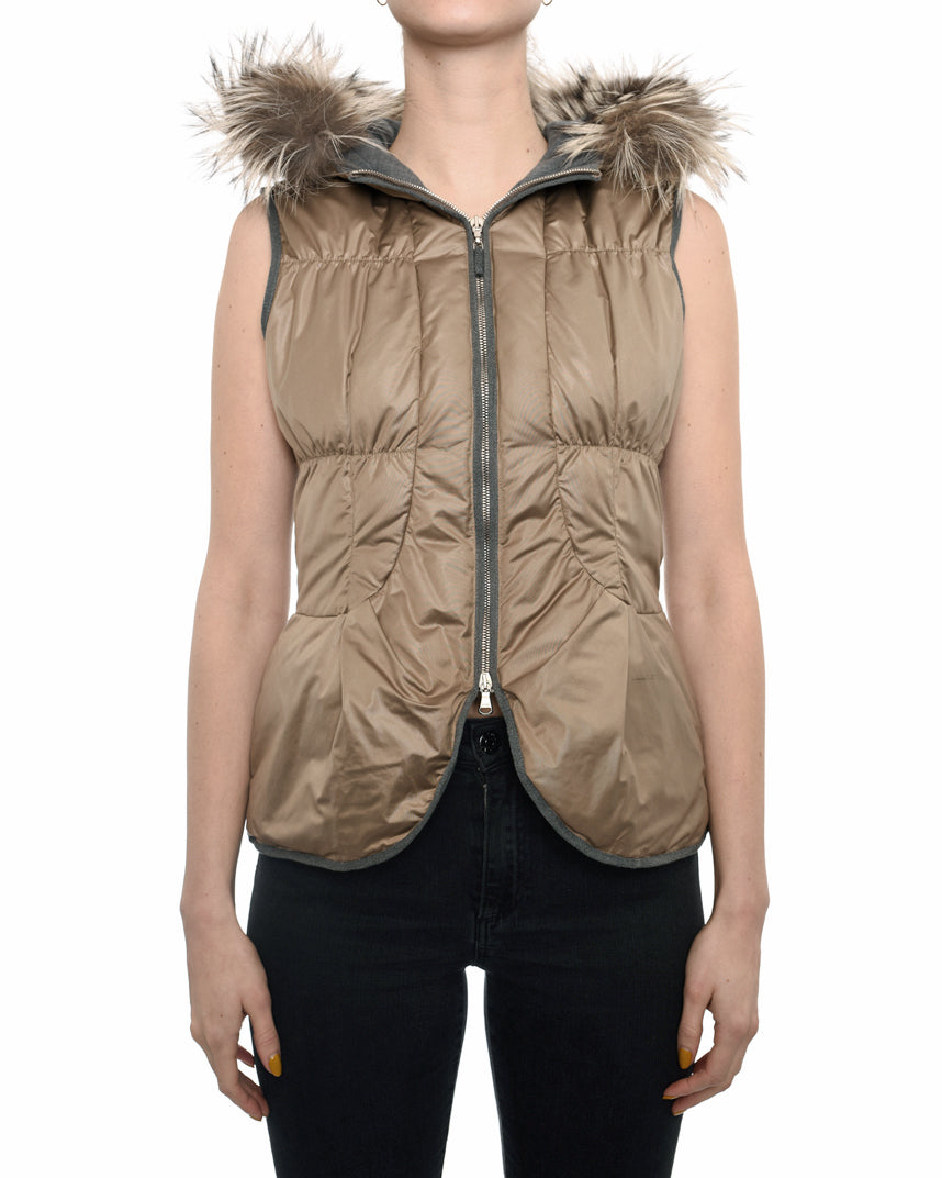 Brunello Cucinelli Light Taupe Puffer Vest with Fur Hood - XS