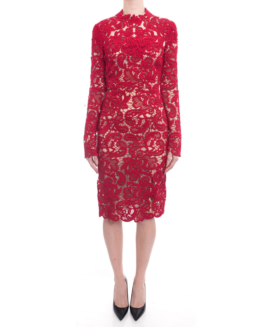 Erdem Fall 2015 Red Guipure Lace Long Sleeve Cocktail Dress - 2/4
