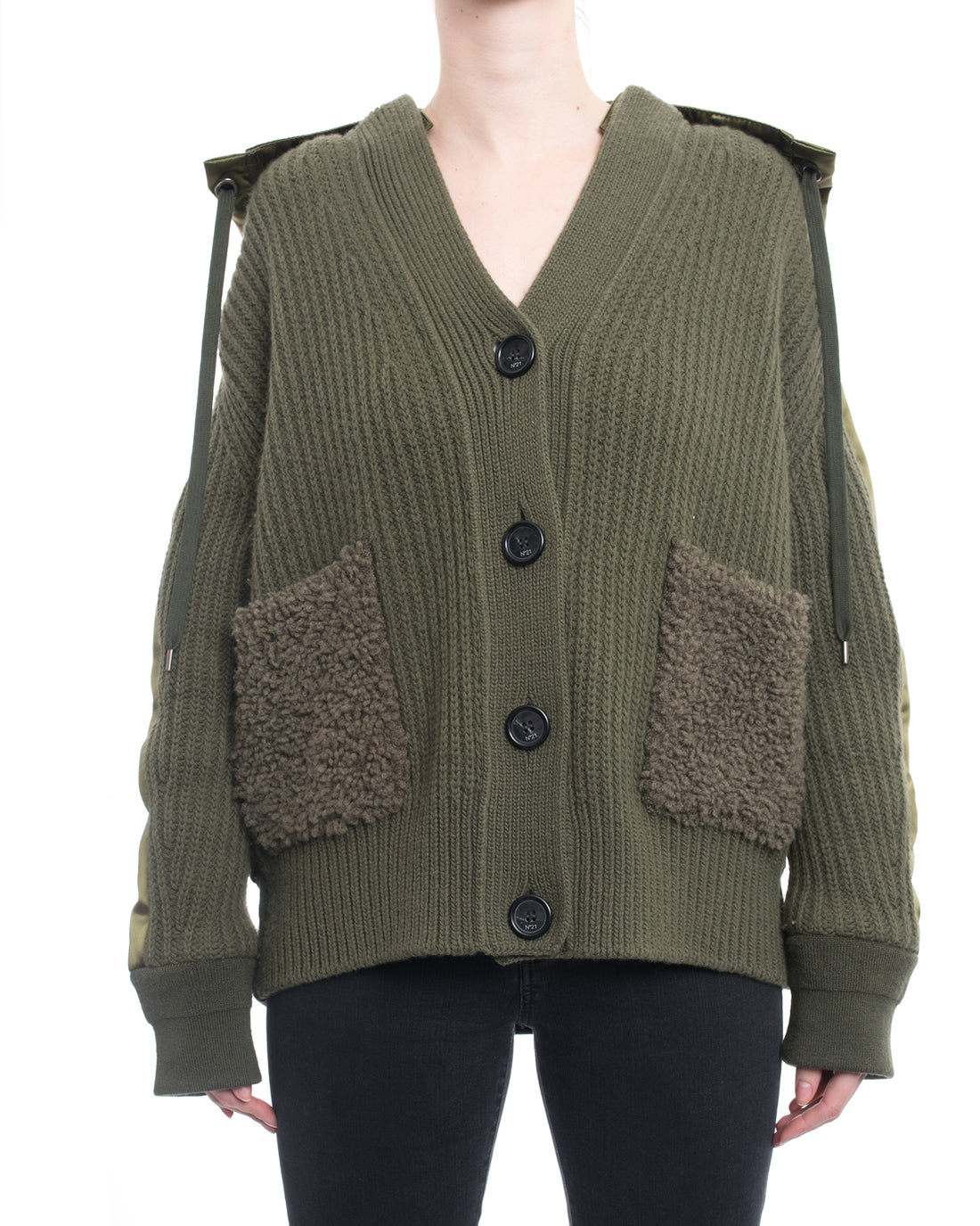 No. 21 Spring 2018 Olive Green Knit and Satin Hooded Jacket - 6