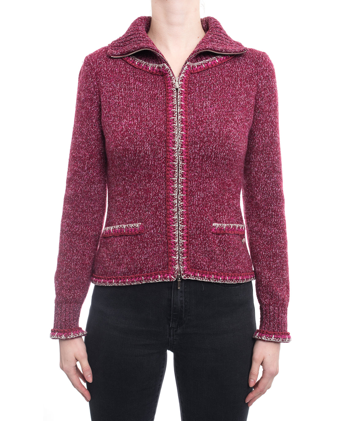 Chanel 16K Raspberry Knit Zip Up Sweater - 6