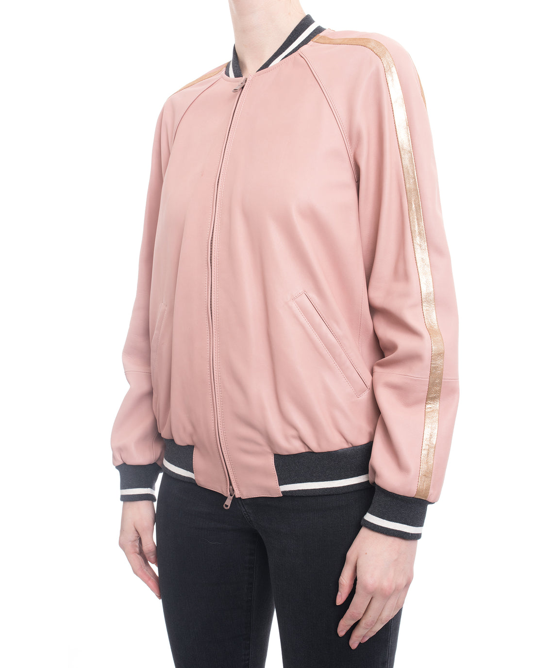 Brunello Cucinelli Pink Lambskin Leather Bomber Jacket with Gold Stripe - 6