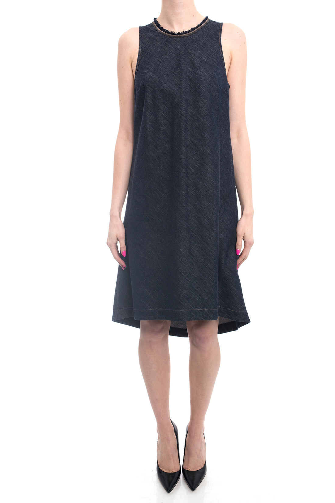 Brunello Cucinelli Denim Monili Bead Trim Sleeveless Dress - 8 I MISS YOU VINTAGE Brunello Cucinelli Denim Monili Bead Trim Sleeveless Dress - 8 I MISS YOU VINTAGE
