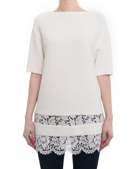Valentino Cream Ribbed Knit Short Sleeve Top with Lace Hem - 8